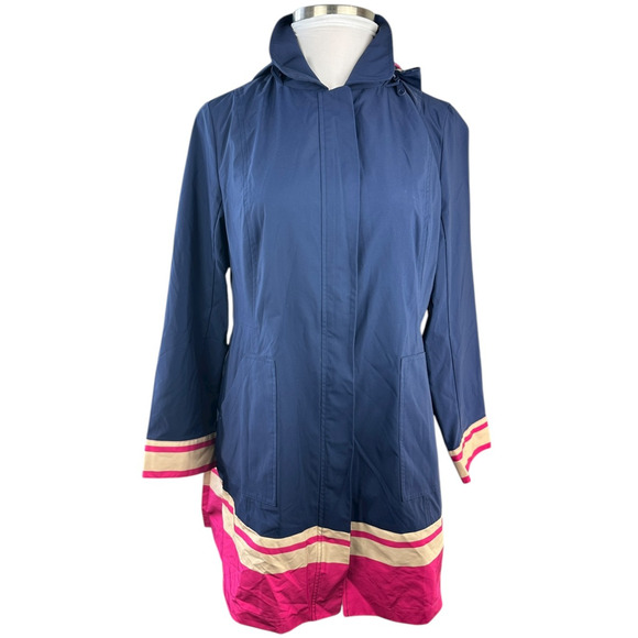 Chico's Hooded Rain Jacket Pleated Back Striped Hem Full Zip Navy Sz 2 US 12/14 - Picture 4 of 15